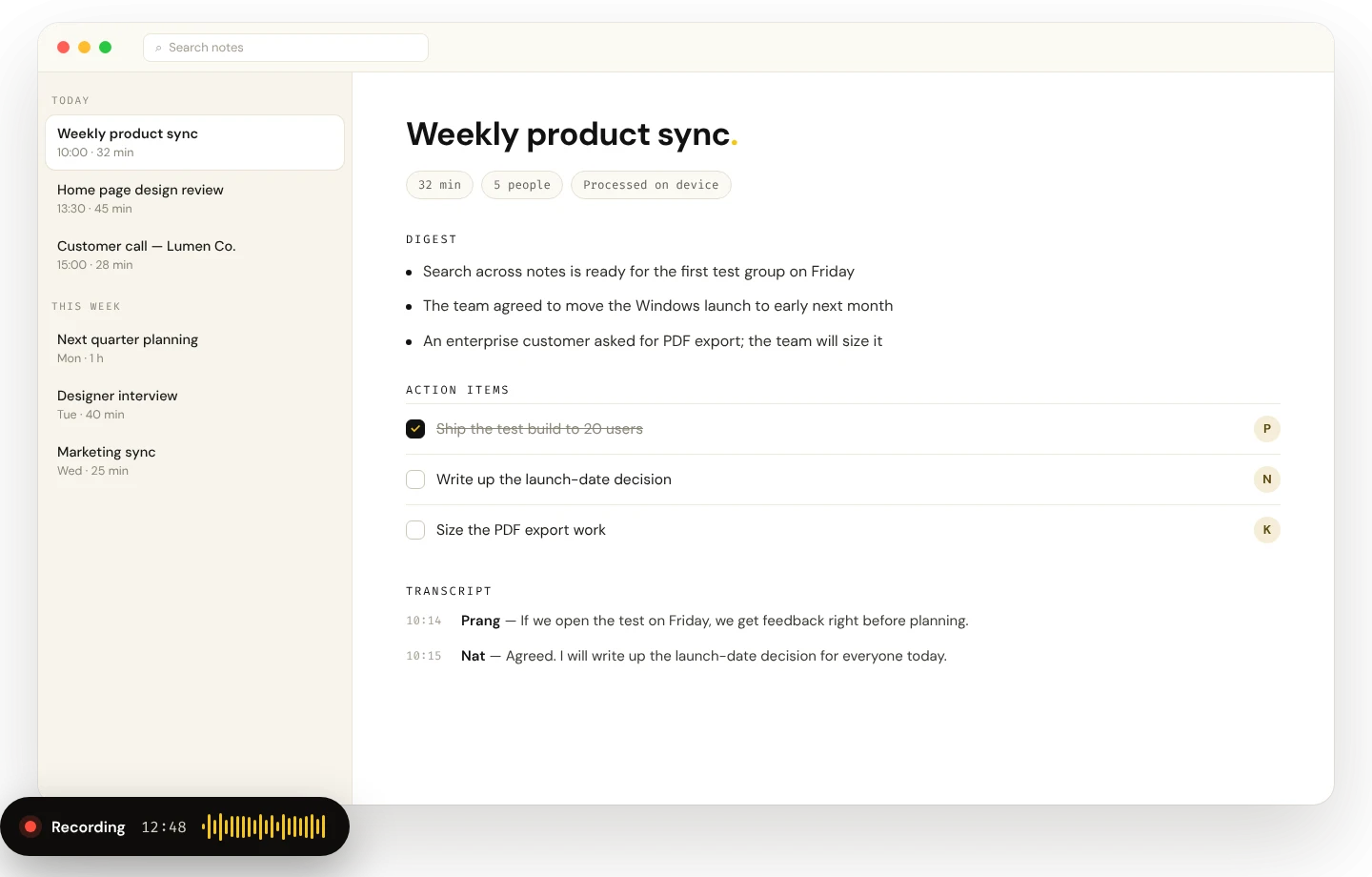 Minimal Notes app: meeting list, digest and action items